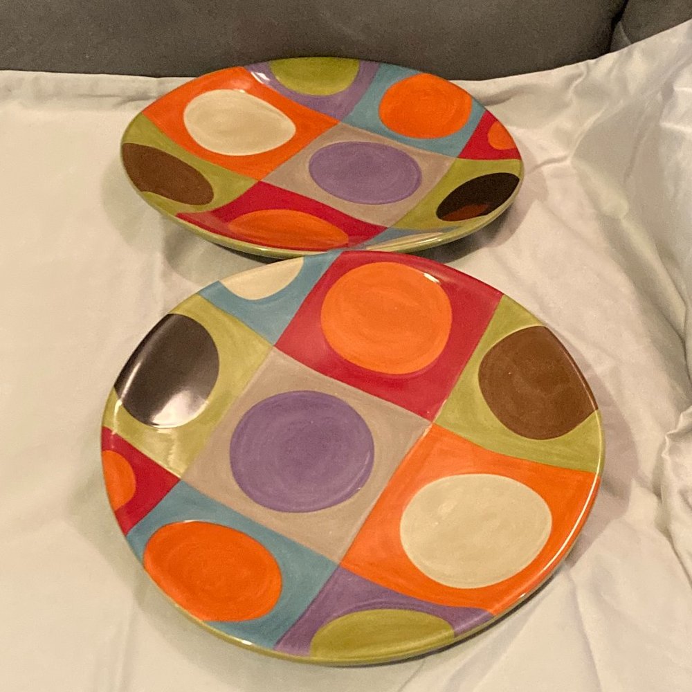2006 Pier 1 Urban Dot Earthenware Hand Painted-2 Salad/Dessert Plates-8.5"D-EUC